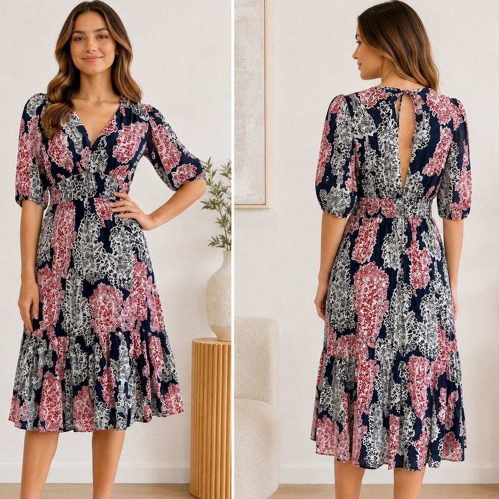 Audrey Parks Francesca's Midi Dress Small Navy Red Paisley Floral Boho WS51363